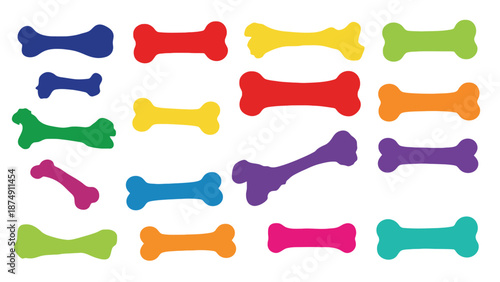 A colorful array of dog bones on a white background for pets