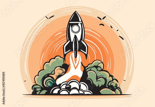 rocket launching upwards successfully. Innovation and growth by a rocket and growing plant