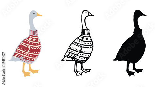 Three geese wearing different patterned sweaters on a white background