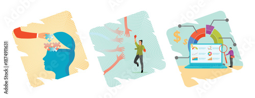 Mind therapy concept. Overcoming challenges, difficulties and fear. Financial report chart.