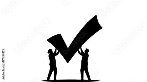 Two people holding up a large checkmark in a teamwork gesture