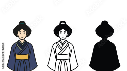 Three traditional Japanese women in kimonos in different illustration styles