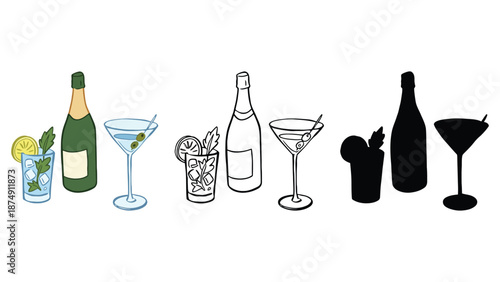 A colorful illustration of various cocktail glasses and bottles on a white background