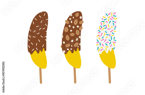 お祭りの屋台で人気のチョコバナナとカラフルなトッピングの手描き風イラスト