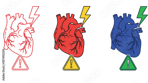 A graphic illustration of three colored hearts with warning signs and lightning bolts