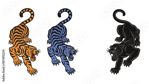 Three fierce big cats in different colors on a white background