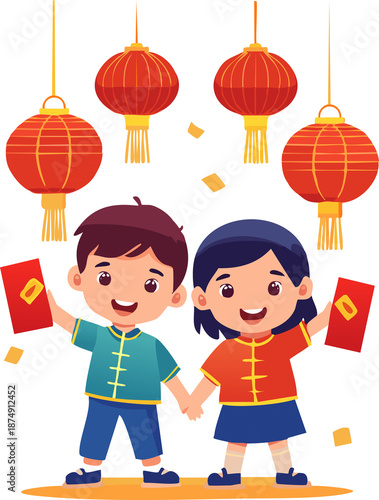 Cute kids holding red envelopes and lanterns, celebrating Chinese New Year, minimal flat cartoon illustration