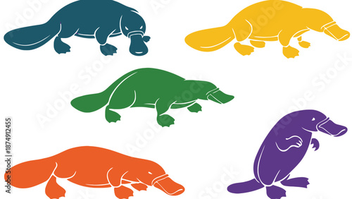 A colorful illustration of platypus in different vibrant colors and styles