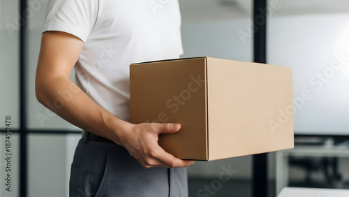 Man holding cardboard box in office setting for delivery