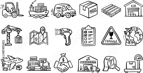 Hand-drawn line art icon set, doodle style, for logistics and shipping — ideal for packaging, branding and marketing use in supply chain and freight scenarios