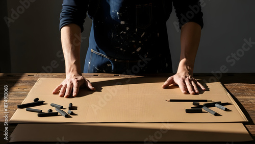 Artist hands with blue paint printing vibrant pink blue artwork