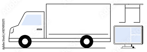 Logistics, transportation, office equipment, workplace design, delivery services, digital communication. Minimalist truck, monitor and desk. Logistics and transportation conceptual theme