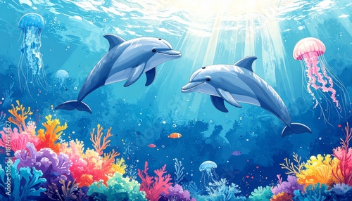 Dolphin Playing with Jellyfish Underwater