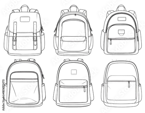 Six different line drawings showcase front views of various backpacks, highlighting designs