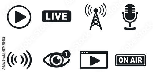 Flat broadcasting icon set featuring play button, live tag, broadcast tower, microphone, wireless signal, view count, and on air sign for media and online streaming applications