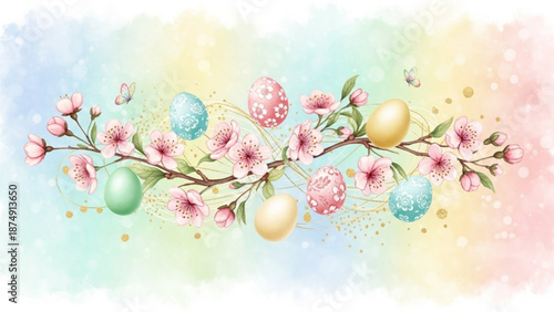 Easter eggs on blooming cherry blossom branch with colorful