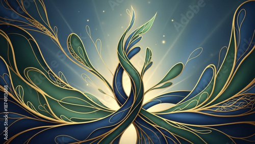 Vibrant green and blue abstract leaf design with gold accents