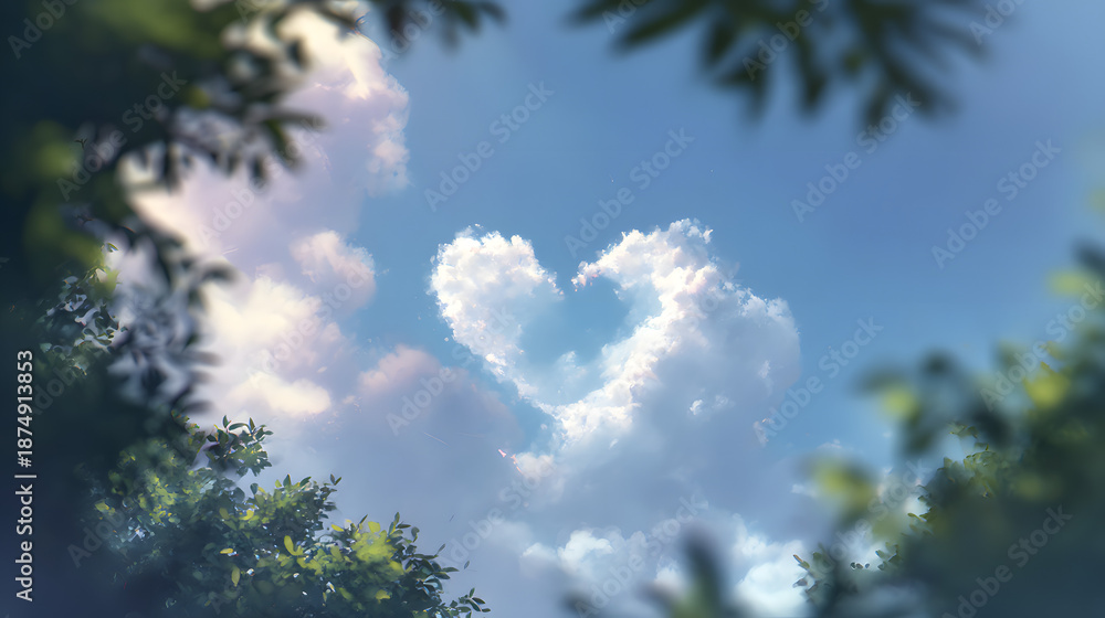 Obraz premium Love in the Clouds: A heart-shaped cloud floats serenely in a vibrant blue sky, framed by lush green foliage, invoking feelings of love, romance, and tranquility.
