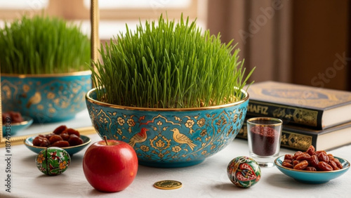 Nowruz celebration table setting with green grass apple