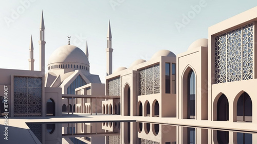 Islamic mosque architecture with reflection pool and minarets