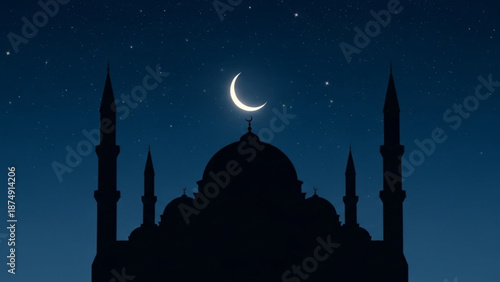 Mosque silhouette at night with crescent moon and stars