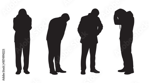 Depressed Male Silhouettes Looking Down Isolated on White Background Vector