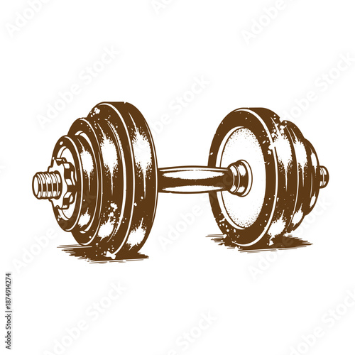 Drawing Vintage Brown dumbbell with weights on both ends for fitness and exercise