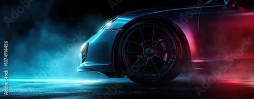 A side view of a modern sports car with the wheel in focus, dramatic lighting and streaks