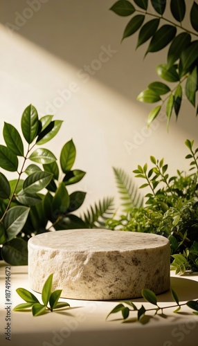 round stone pedestal on table soft cream background
