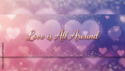 Wallpaper Mural Gradient background banner with golden text "Love is All Around" and bokeh hearts. Torontodigital.ca