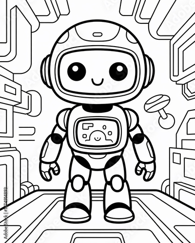 Adorable Robot Standing in a Space Station Hallway Coloring Sheet