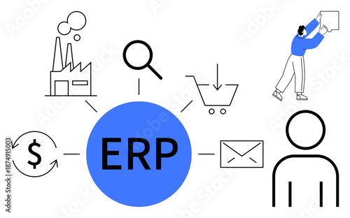 ERP software concept. ERP streamlines business management, workflow optimization, and data integration. ERP simplifies operations and enhances productivity. For business, logistics, finance, team