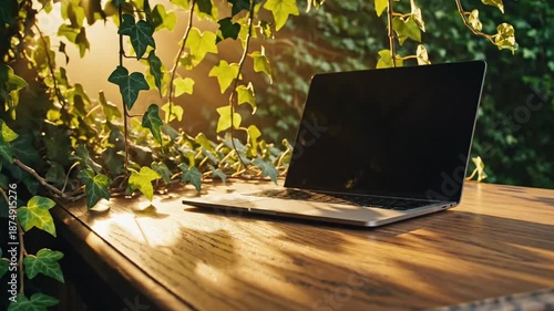 Laptop computer resting on a wooden desk bathed in warm golden hour sunlight filtered through lush green ivy vines creating dappled light effects a serene outdoor workspace