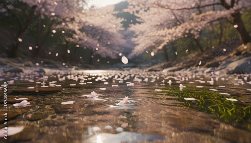 Fototapeta premium Falling pink cherry blossom petals drift on a sunlit forest stream