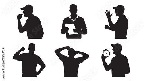 Sports Coaches Silhouettes Vector Set with Whistle, Clipboard, and Stopwatch Isolated on White