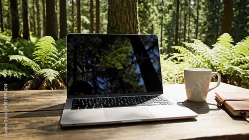 Laptop And Coffee Cup On Wooden Table In A Lush Green Forest With Sunlight Streaming Through The Trees