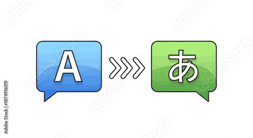 Graphic illustration depicting language translation from English to Japanese, with speech bubbles and arrows.