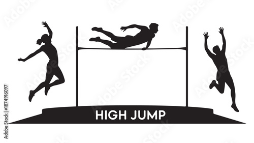 High Jump Athletes Silhouettes Jumping Over Bar Isolated on White Background Vector Illustration