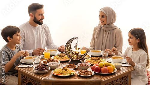 A Muslim family enjoys a meal together during Ramadhan with traditional food and decorations on a table.
