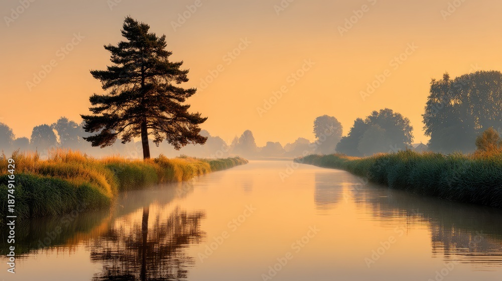 Obraz premium Serene Sunrise Over Calm River with Lone Pine Tree and Peaceful Reflections in Misty Landscape of Early Morning Nature Scene