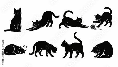 Collection of Black Cat Silhouettes in Various Poses.