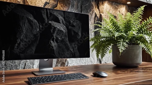 Modern Home Office Setup With A Sleek Computer Monitor And A Lush Green Fern Plant On A Natural Wood Desk Against A Textured Stone Wall With Warm Accent Lighting