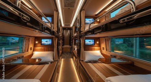 Luxurious sleeping berths line the narrow aisle of a modern sleeper carriage