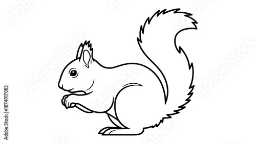 A cartoon squirrel illustration eating a nut with a fluffy tail and white background