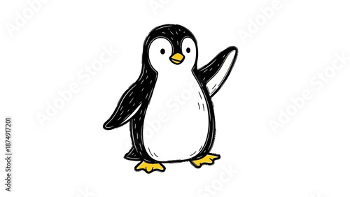 A cartoon penguin standing on a white background with its flipper raised