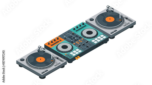 DJ controller with turntables and mixer on a white background viewed from above