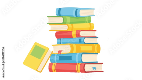 A colorful stack of books leaning together, viewed from the side, in a minimalist environment with a simple white background.