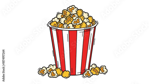 A red and white striped bucket overflowing with popcorn on a plain white background