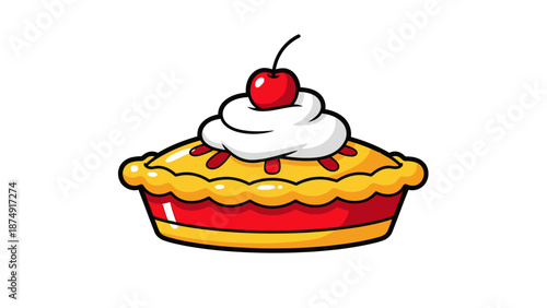 A cartoon illustration of a delicious cherry pie with whipped cream on top