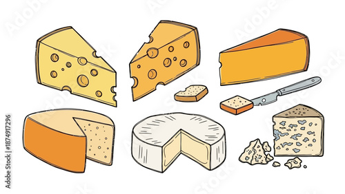 Assorted cheeses displayed on a white surface, showcasing various textures and colors.